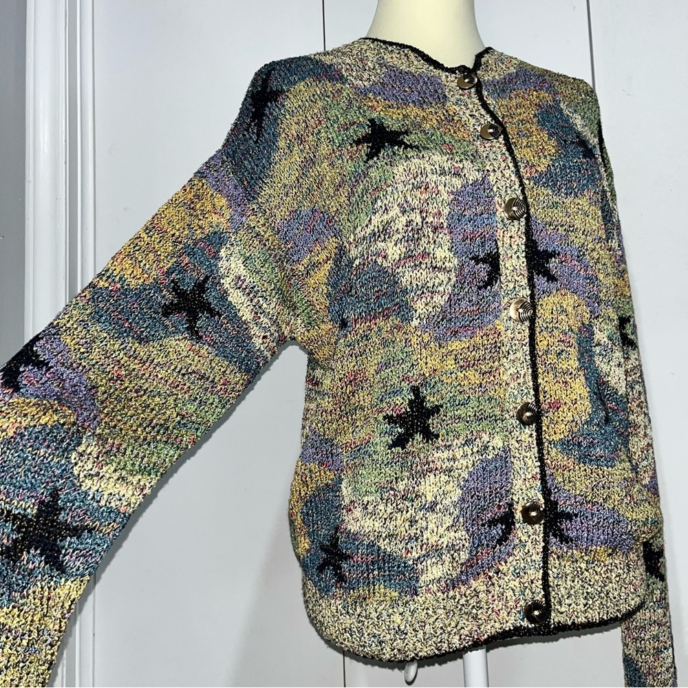 Vintage 90’s South Cotton Hand Knit Cardigan Sweater Heavy Multi Color Knit - Picture 3 of 12
